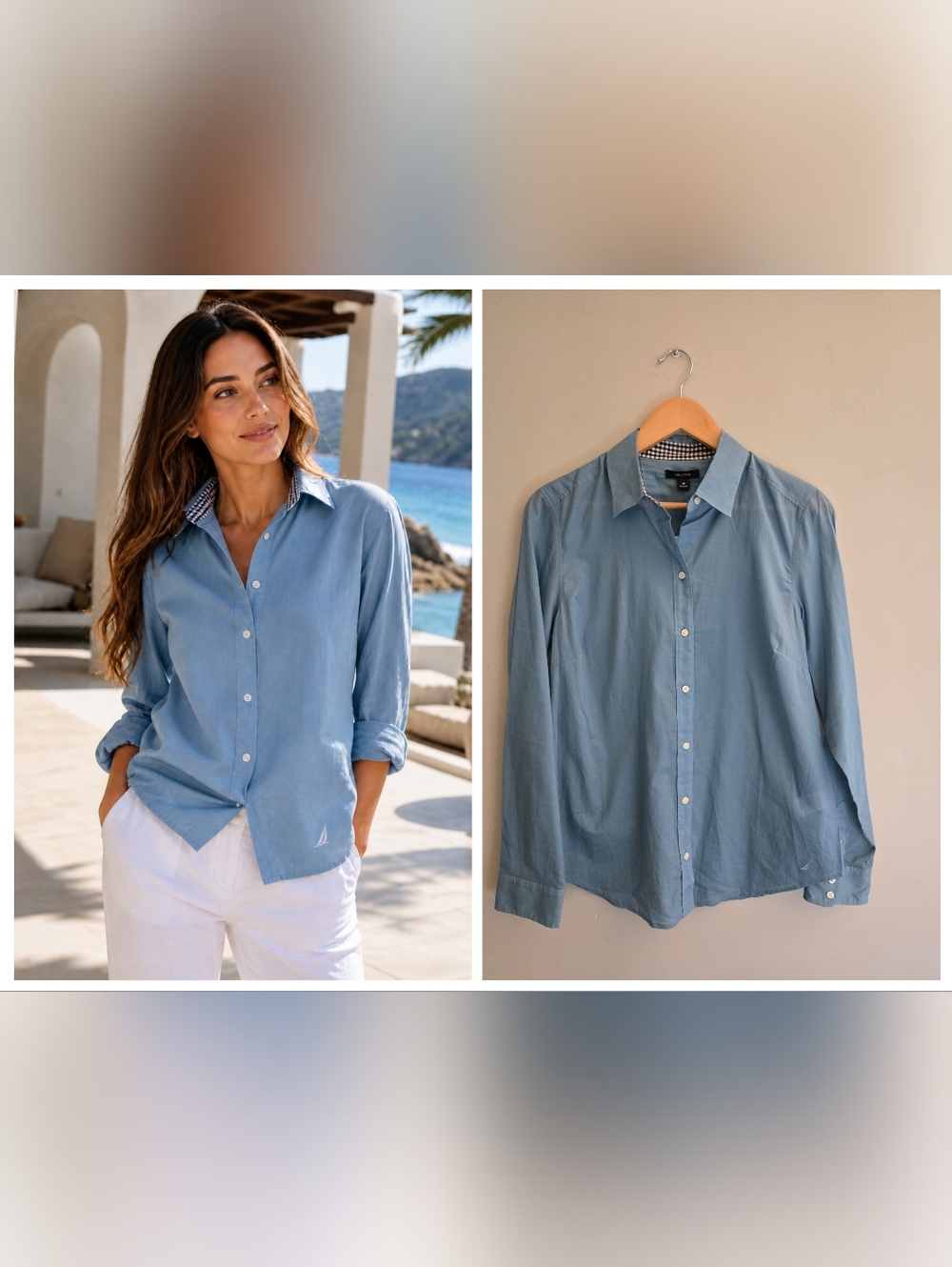 Nautica Womens Blue Cotton Button Down Shirt Size 10 NWT Coastal Preppy Light